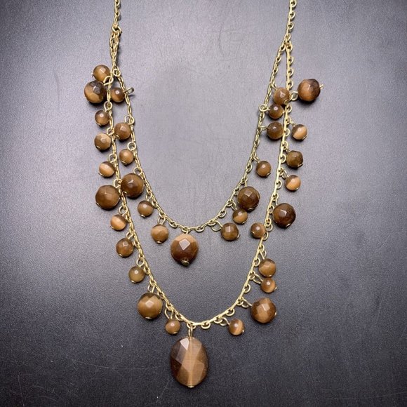 Layered Glass Bead Necklace Chocolate Brown Cats Eye Beaded Gold Tone - Picture 6 of 7